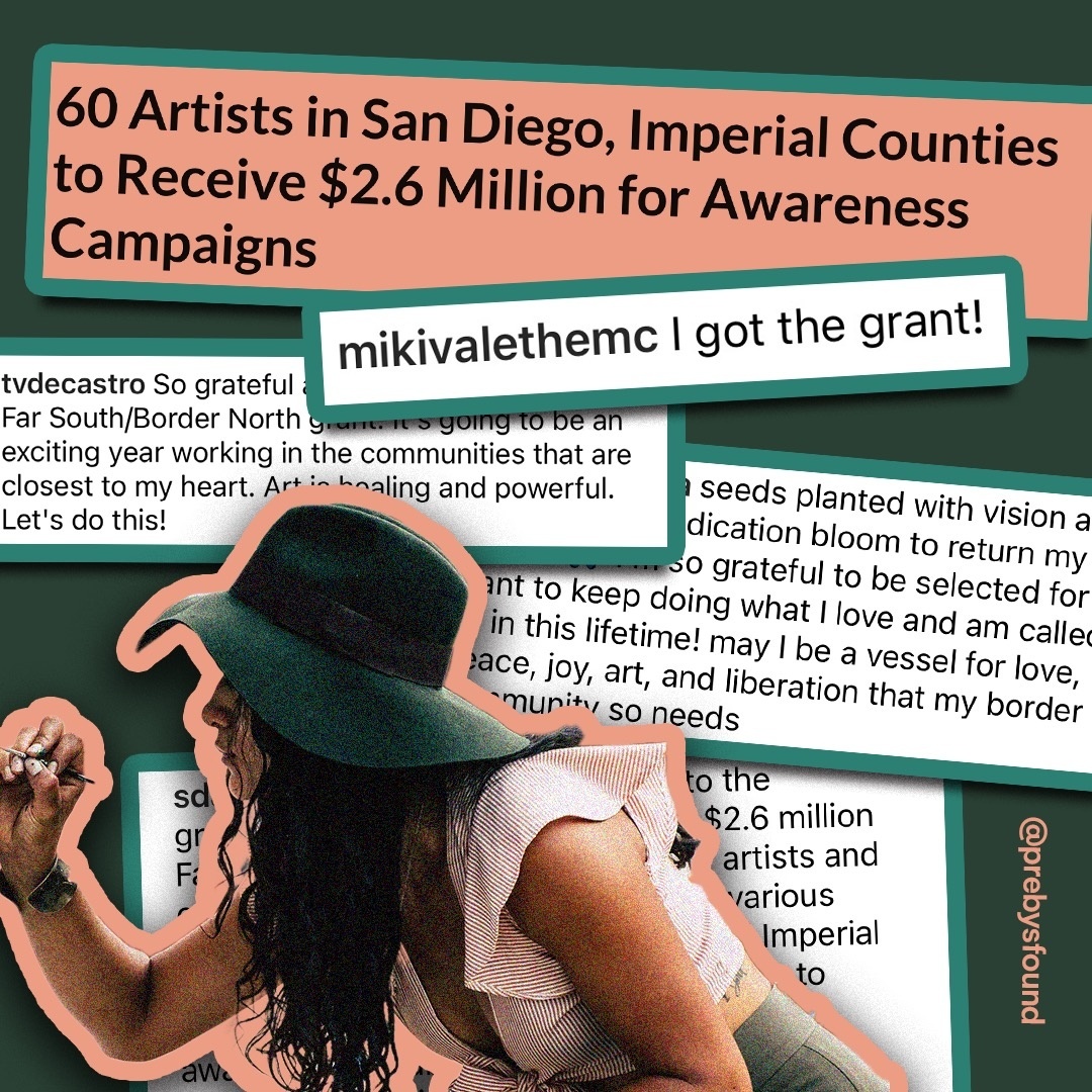 Woman writing on a piece of paper, in the background headline reads 60 artists in San Diego, Imperials Counties receieve $2.6 million for Awareness Campaigns