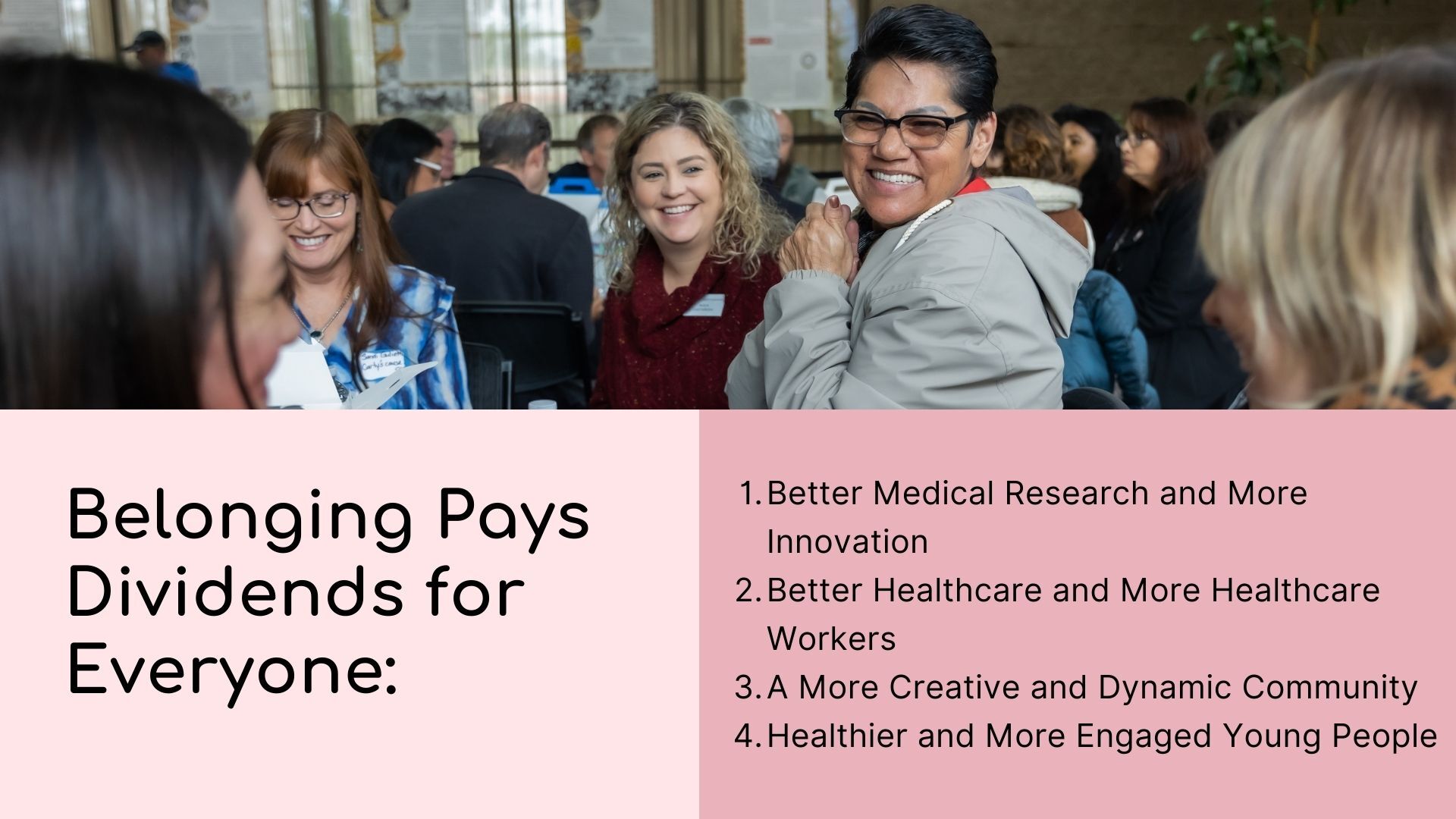 Belonging Pays Dividends for Everyone Better Medical Research and More Innovation Better Healthcare and More Healthcare Workers A More Creative and Dynamic Community Healthier and More Engaged Young People